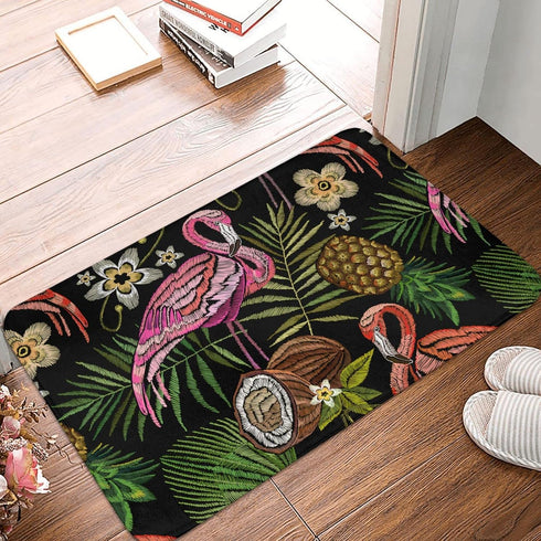 Embroidered Flamingo Tropical Palm Leaves Bath Rugs Mats Door Mat Outdoor Doormat Non Slip Absorbent Bathroom Floor Mat Carpet for Home Kitchen En...