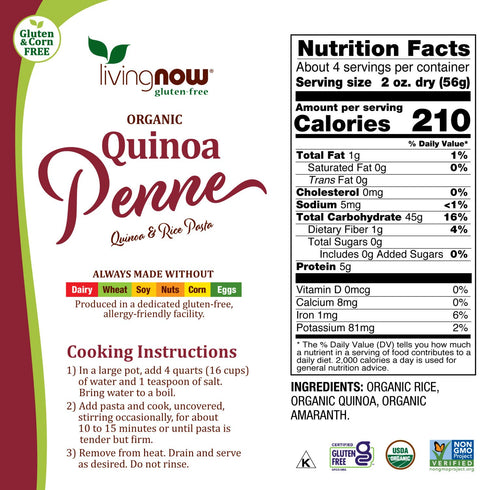 NOW Foods, Organic Quinoa Penne, Gluten-Free, Corn-Free, Non-GMO, Quinoa and Rice Pasta, 8-Ounce...
