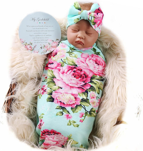 Galabloomer Newborn Swaddle Blanket with Headband Set Baby Girl Receiving Blanket Aqua Flower...