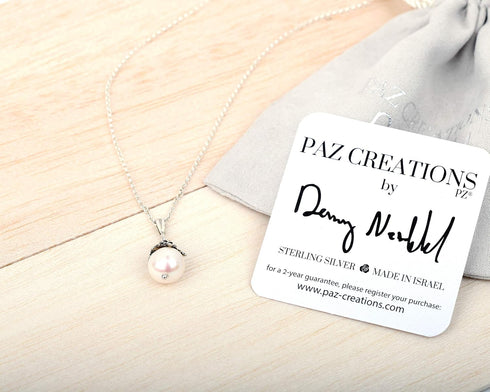 Paz Creations 925 Sterling Silver Pearl Pendant Necklace with Round Ball-Shape White Freshwater Pearl and Handcrafted Floral Cap - Natural Elegant...