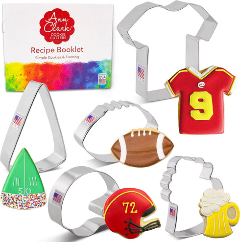 Football Cookie Cutters 5-Pc. Set Made in the USA by Ann Clark, Football, Helmet, Jersey, Beer Mug, Centerpiece Wedge...