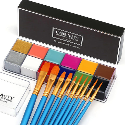 CCbeauty Professional Face Body Paint Oil 12 Colors Halloween Art Party Fancy Makeup Palette Set with 10 Blue Brushes,Deep...