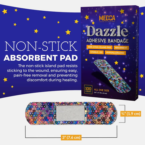 Glitter Bandages for Kids -(100 Count Box) Adhesive Bandage Strips w/Colorful Glitter Design & Latex-Free Individually Wrapped Strips for First Ai...