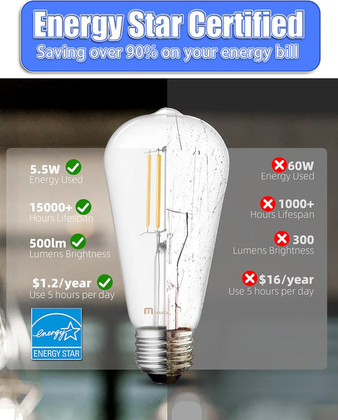 MASTERY MART Dimmable E26 Edison Bulbs 6 Pack, 5.5W (60W Equivalent), Cool White 4000K, Clear Glass ST19 ST21...