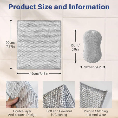 6 Pcs Multipurpose Wire Dishwashing Rags, Multifunctional Anti-Scratch Wet and Dry Double-Layer Steel Wire Dishcloth, Reusable, Easy to Rinse, Sui...
