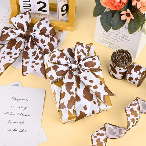 4Roll Brown Cow Wired Edge Ribbon Brown White Cow Patterned Burlap Ribbon Animal Print Fabric Ribbon for Gift Wrapping Wreath Making Craft Supplie...