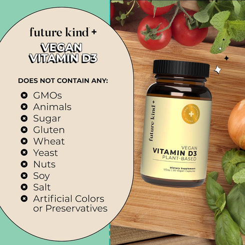 Future Kind Vegan Vitamin D3-2500 IU Plant-Based Supplement for Cell & Immune Support - Sugar-Free, Lichen-Based Vitamin D (30 Softgels in Glass B...