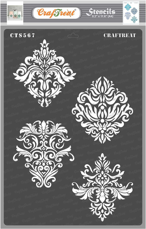 CrafTreat Reusable Damask Stencils for Painting on Wood, Canvas, Paper, Fabric, Floor, Wall and Tile - Damask Designs - Size: A4 (8.3 x 11.7 Inch)...