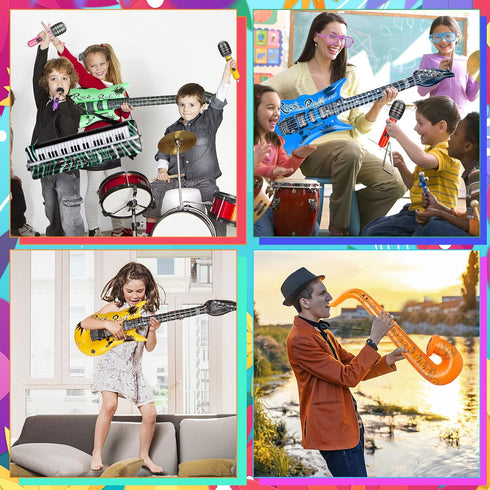 Inflatable Rock Star Toy Set,18 Pack Inflatable Music Instruments Party Props-4 Inflatable Guitar,6 Microphones,1 Piano,1 Saxophone,6 Shutter Shad...