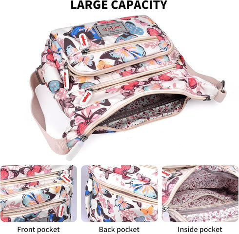 WITERY Crossboby Bag for Women - Waterproof Nylon Multi-Pocket Purse Floral Shoulder Bag Zipper Handbag Messenger Bag...