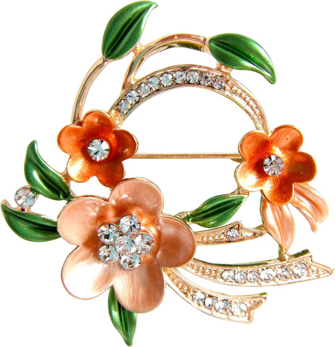 Navachi 18k Gold Plated Multicolor Enamel Flower Ornaments Green Leaves Crystal Brooch Pin...