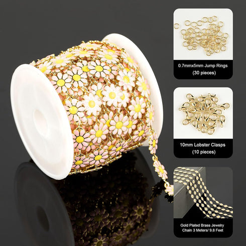 YOUBEIYEE Pink Enamel Daisy Chain Gold Plated Brass Chain for Jewelry Making Oil Drip Floral Jewelry Chains Bulk Flower Decortaion Craft Chain Rol...