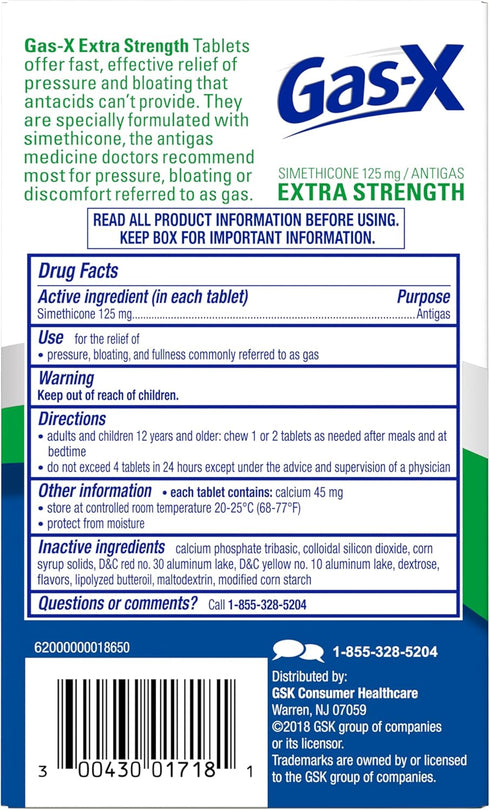 Gas-X Extra Strength Chewable Gas Relief Tablets with Simethicone 125 mg, Peppermint Creme - 18 Count...