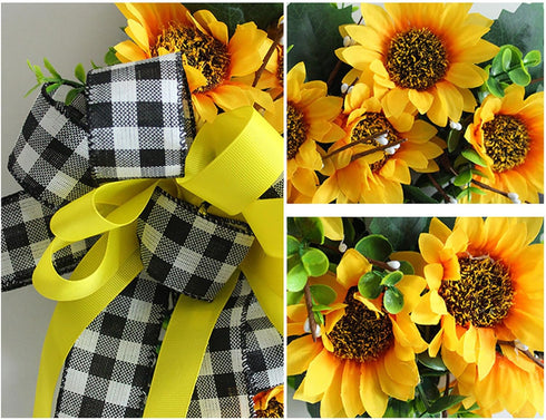 Sunflower Wagon Wheel Wreath for Front Door, Wooden Wheel Wreath with Sunflower and Bow, Spring Wheel Wreath, Wall Home Porch Farmhouse Decor Outd...