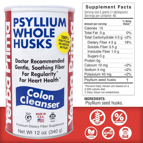 Yerba Prima Psyllium Husk, 12 Ounce - Whole Husk Fiber Supplement, Vegan, No Sugar or Artificial Sweeteners, Non GMO, Gluten Free...