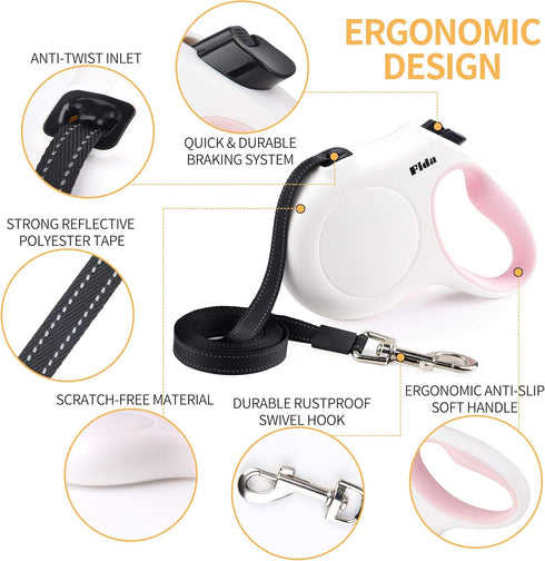 Fida Retractable Dog Leash, 16 ft Dog Walking Leash for Small Dogs up to 26lbs, Tangle Free, White...