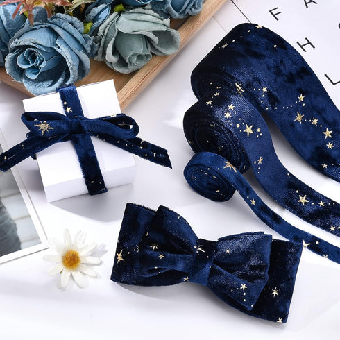 BENECREAT 6.6 Yards 3 Sizes Velvet Ribbons with Star Pattern Drak Blue Double Faced Velvet Ribbon for Sewing Craft, Mother's Day Festival Gift Pac...