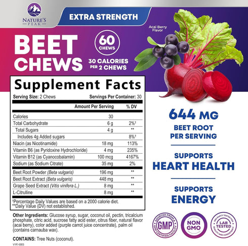 Beet Chews - Soft Beet Root Chewables with Grape Seed Extract Supports Heart Health & Energy with Powerful Antioxidants - Beetroot Nitric Oxide Su...