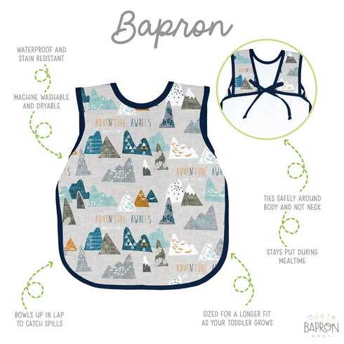 BapronBaby Adventure Awaits Bapron - No Neck Tie Safer Bib for Baby & Toddler - Soft Waterproof Stain Resistant - Machine Washable - Sz Baby/Toddl...