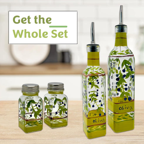 Hand Painted Glass Oliva Branch Oil/Vinegar Glass Cruet for Kitchen, 8 oz Olive Oil Dispenser With Stainless Steel Spout for Easy Pouring...