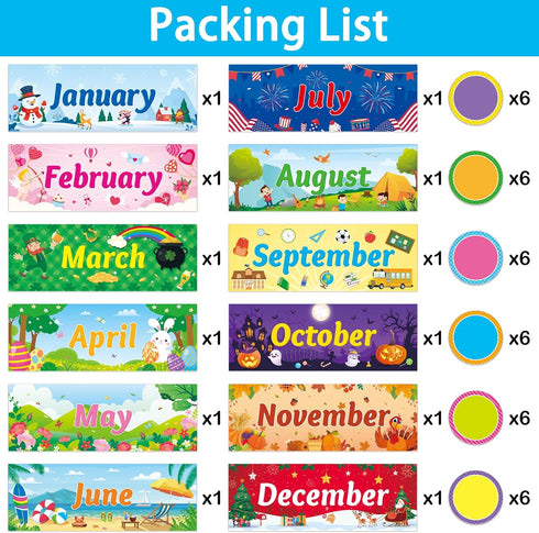 48 Pcs Holiday Monthly Headliners Set 12 Months of The Year Headers Monthly Bulletin Board Seasonal Monthly Headers with 36 Colorful Round Blank C...