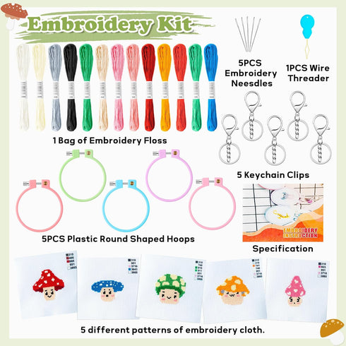 WATINC Mushroom Embroidery Cross Stitch Kit - DIY Keychain with mushroom Patterns Needlepoint Starter Kits for kids, Set of 5 Embroidery Kits with...