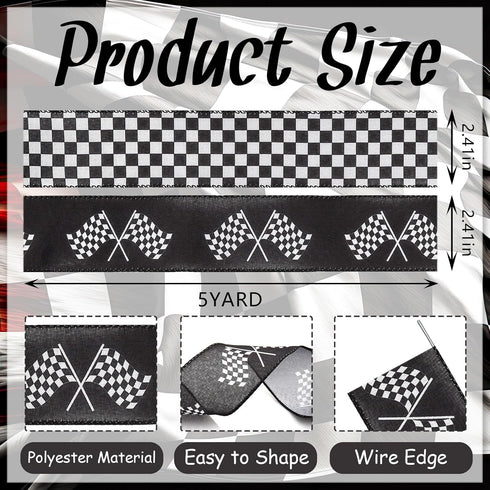 2 Rolls 10 Yard Racing Car Theme Printed Ribbon Black White Checkered Printed Ribbon for Crafts Buffalo Plaid Wrapping Ribbon for Wreath Sport Tea...