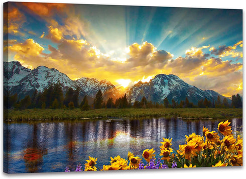 SKASNFAI Grand Teton National Park Wall Art Sunflower Landscape Canvas Mountain Artwork Landscape Print for Living Room Framed (12x16 inch)...