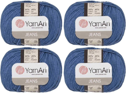 4 Skeins YarnArt Jeans 55% Cotton 45% Acrylic Yarn Blend Thread Crochet Hand Knitting Art Lot of 4skn 200 gr 696 yds (17-Dark Blue)...
