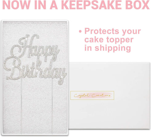 Happy Birthday Cake Topper - Premium Silver Metal - Happy Birthday Party Sparkly Rhinestone Decoration Makes a Great Centerpiece - Now Protected i...