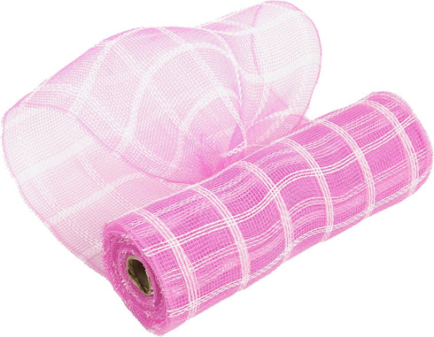 MEEDEE Pink and White Plaid Deco Mesh 10 Inch Pink White Check Mesh Ribbon Fabric Mesh Roll Decorative Mesh Wreath Supplies for Baby Shower It's A...