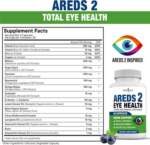 NEW AGE AREDS 2 Eye Vitamin Contains Bilberry 6000mg Lutein & Zeaxanthin - 60 Count...