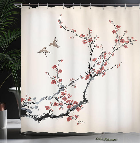 Ambesonne Nature Shower Curtain, Flowers Buds Birds with Cherry Branches Style Art Painting Effect, Cloth Fabric Bath Decoration for Bathroom Hous...