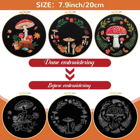 5 Sets Embroidery Kit with Mushroom Pattern and Instruction Halloween Fall Cross Stitching for Beginner Adult Kid DIY Stamped Starter Needlepoint ...