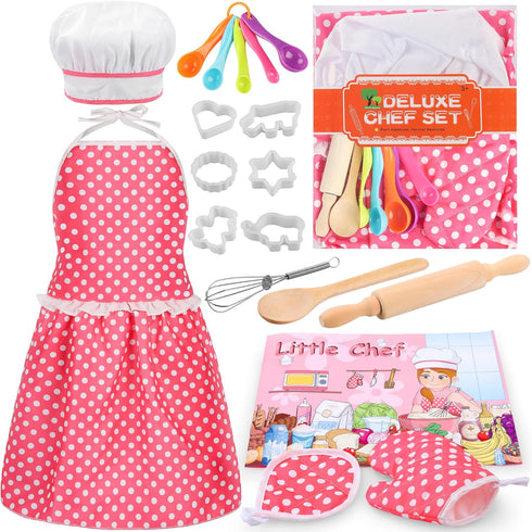 Kids Cooking Baking Set 19Pcs, Kids Chef Role Play Costume Set - Chef Hat and Matching Pink Apron Children Dress up Pretend Gift for 3 4 5 6 7 8 Y...