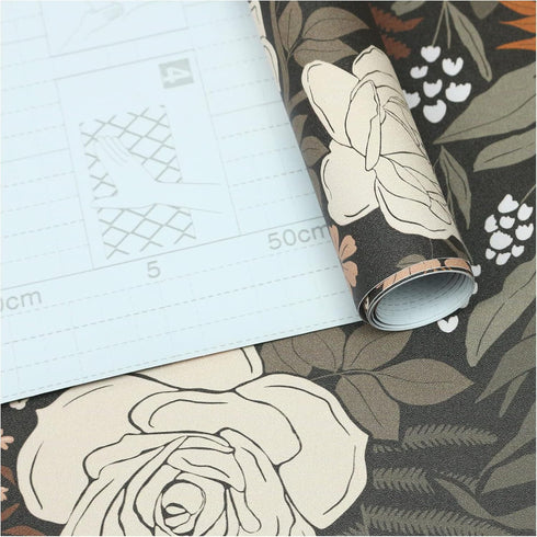 HAOKHOME 93276 Peel and Stick Wallpaper Floral Vintage Removable Rose Leaf Black/Brown/Beige Stick on Mural 17.7in x 6.6ft...