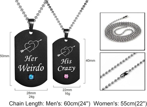 His Crazy Her Weirdo Couple Pendant Necklaces His & Hers Matching Set Titanium Stainless Steel Couple Pendant Necklace Engraved Jewelry Set, Perfe...