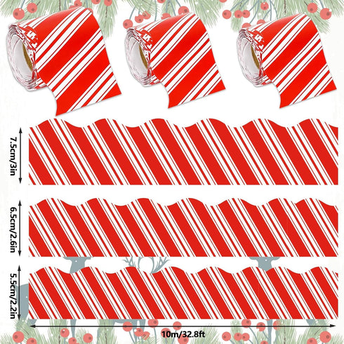 Whaline 98.4ft Christmas Bulletin Board Borders 3 Sizes Red White Striped Die-Cut Rolled Border Trim for Xmas Winter School Classroom Office Chalk...