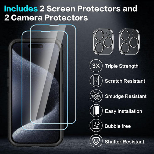 [5 in 1 for iPhone 15 Pro max Case,with 2 Pack Screen Protector + 2 Pack Camera Lens Protector,Heavy-Duty Tough Rugged Lightweight Slim Shockproof...