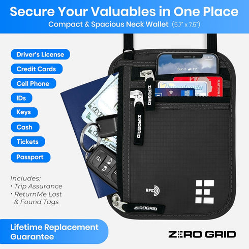 Neck Wallet for Travel & Passport Holder with RFID Blocking - Slim & Easy to Conceal Nylon Travel Pouch for men & women - Holds Phone, Cash, Cards...