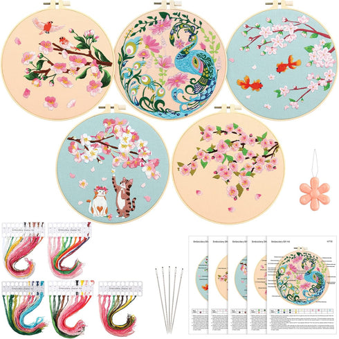 Yinder 5 Sets Floral Embroidery Kit for Beginners Embroidery Starter Kit with Patterns and Instructions Include Embroidery Hoop Threads Needles St...