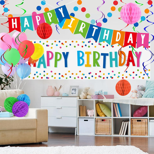 Happy Birthday Decorations Kit: Happy Birthday Banner,Birthday Dots Design Plastic Backdrop, Circle Confetti Garland, Swirl Streamers, Honeycomb B...