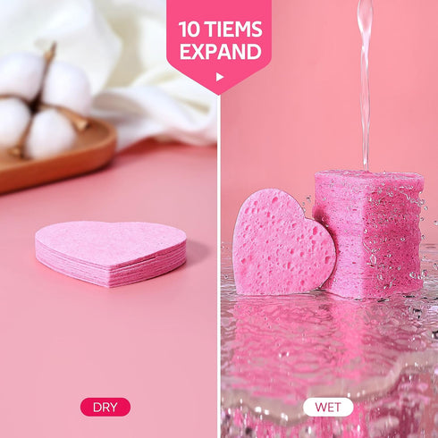 50-Count Heart Shape Compressed Facial Sponges for Daily Facial Cleansing and Exfoliating, 100? Natural Cosmetic Spa Sponges for Makeup Remover...