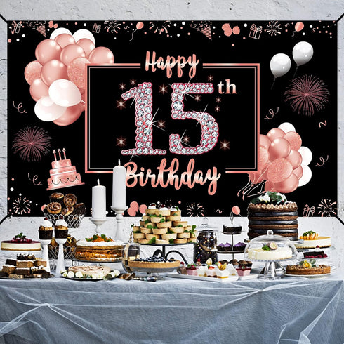 15th Birthday Decorations for Girls - Rose Gold Happy 15 Banner Backdrop, Sweet 15 Year Old Party Supplies, Poster Decor Background Sign...
