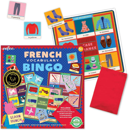 eeBoo: French Bingo Vocabulary Game, Includes- Pronunciation Guide & Drawsting Bag, 6 Game Boards, 48 Playing Chips, 2 to 6 Players, for Ages 5 an...