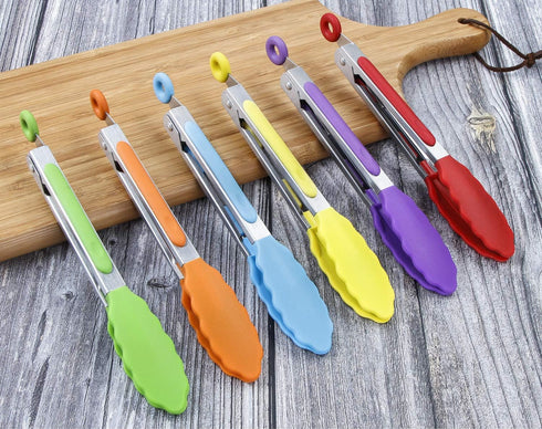 MSY BIGSUNNY Kitchen Food Tongs - 7" Mini Silicone Serving Tongs - Set of 6 (purple red orange green yellow blue)...