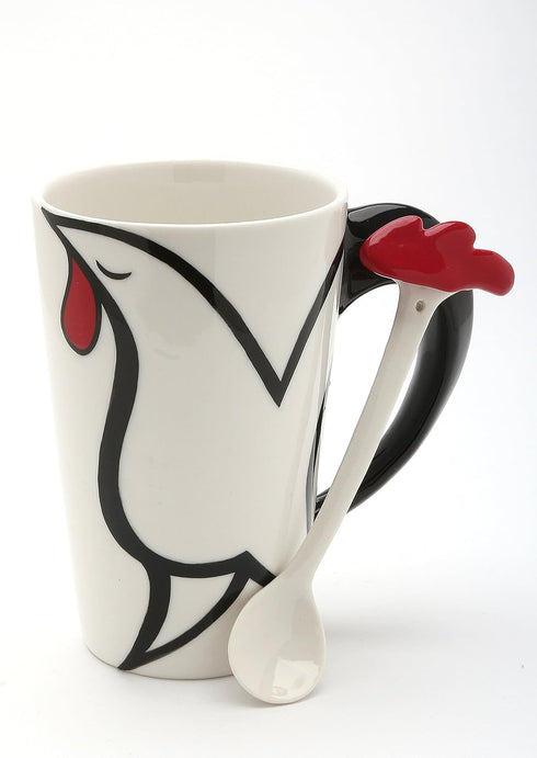 20764 Fine Porcelain White and Black Rooster with Red Crown Mug and Spoon, 5 1/8"H...