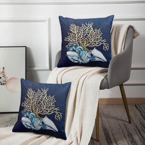 Emvency Throw Pillow Cover Blue Seashore Indigo Ocean Coral Seashells Beach House Gray Coastal Decorative Pillow Case Home Decor Square 20 x 20 In...