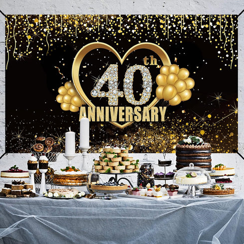 Happy 40th Anniversary Banner Backdrop Decorations, Large Wedding Background Sign Decor, Black Gold 40 Year Photography Photo Props Party Supplies...