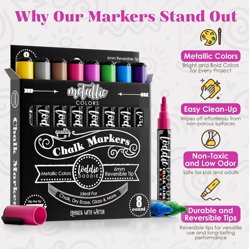 Loddie Doddie Metallic Liquid Chalk Markers for Chalkboard - 8 Count, 6mm Reversible Chisel & Bullet Tip - Erasable Chalk Pen - Metallic Chalkboar...